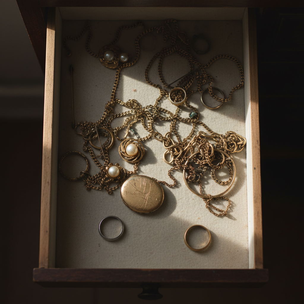 Tarnished old jewellery in a drawer
