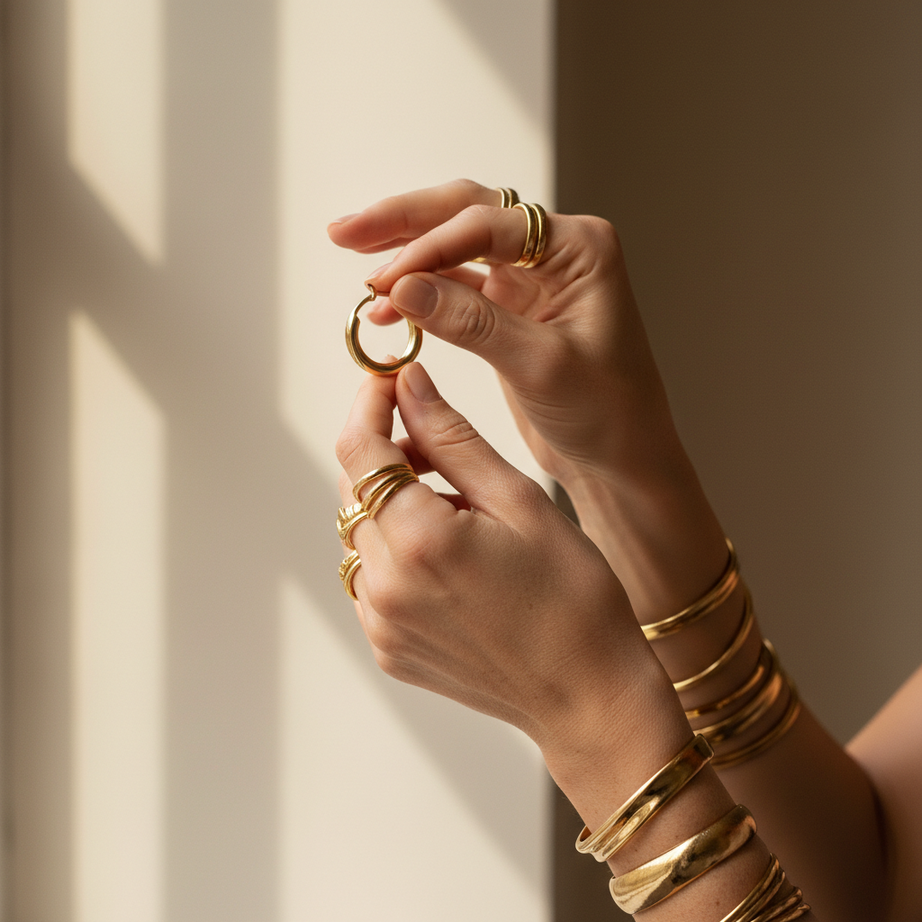 Elle, founder of E&Co. Jewellery — hands wearing gold pieces